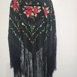 Chic Black Floral Embroidered Poncho with Fringe